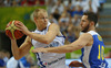 Sasu Salin (no.9) of Finland (L) and Kenny Grant (no.10) of Sweden (R) during FIBA European basketball championships 2013 match between Finland and Sweden. Match between Finland and Sweden was played on Thursday, 5th of September 2013 in Bonifika arena in Koper, Slovenia.
