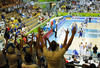 Finnish fans on tribunes celebrate good performance of their team during FIBA European basketball championships 2013 match between Finland and Sweden. Match between Finland and Sweden was played on Thursday, 5th of September 2013 in Bonifika arena in Koper, Slovenia.
