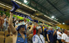 Finnish fans celebrate victory of their team during FIBA European basketball championships 2013 match between Finland and Sweden. Match between Finland and Sweden was played on Thursday, 5th of September 2013 in Bonifika arena in Koper, Slovenia.
