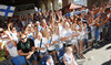 Finnish fans cheering when Finnish team meet their fans after end of the FIBA European basketball championships 2013 match between Finland and Sweden. Match between Finland and Sweden was played on Thursday, 5th of September 2013 in Bonifika arena in Koper, Slovenia.
