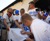 Sasu Salin signing autographs to Finnish team fans after end of the FIBA European basketball championships 2013 match between Finland and Sweden. Match between Finland and Sweden was played on Thursday, 5th of September 2013 in Bonifika arena in Koper, Slovenia.
