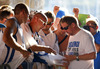 Finnish Minister of Culture and Sport Paavo Arhinmaki  greeting fans and Finnish players when players meet their fans after end of the FIBA European basketball championships 2013 match between Finland and Sweden. Match between Finland and Sweden was played on Thursday, 5th of September 2013 in Bonifika arena in Koper, Slovenia.
