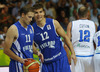 Petteri Koponen (no.11) of Finland (L) and Samuel Haanpaa (no.12) of Finland (R) during FIBA European basketball championships 2013 match between Finland and Italy. Match between Finland and Italy was played on Saturday, 7th of September 2013 in Bonifika arena in Koper, Slovenia.
