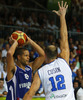 Gerald Lee (no.8) of Finland (L) and Marco Cusin (no.12) of Italy (R) during FIBA European basketball championships 2013 match between Finland and Italy. Match between Finland and Italy was played on Saturday, 7th of September 2013 in Bonifika arena in Koper, Slovenia.
