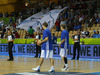 Finnish players warming up while their fans rolls open Susijengi flag before start of the FIBA European basketball championships 2013 match between Finland and Russia. Match between Finland and Russia was played on Sunday, 8th of September 2013 in Bonifika arena in Koper, Slovenia.
