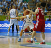 Sasu Salin (no.9) of Finland (L) playing defense on Dmitry Khvostov (no.13) of Russia (R) during FIBA European basketball championships 2013 match between Finland and Russia. Match between Finland and Russia was played on Sunday, 8th of September 2013 in Bonifika arena in Koper, Slovenia.
