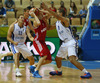 Petteri Koponen (no.11) of Finland (L) and Gerald Lee (no.8) of Finland (R) playing defense on Vitaliy Fridzon (no.7) of Russia (M) during FIBA European basketball championships 2013 match between Finland and Russia. Match between Finland and Russia was played on Sunday, 8th of September 2013 in Bonifika arena in Koper, Slovenia.
