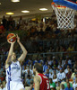 Hanno Mottola (no.13) of Finland (L) shooting over Dmitry Sokolov (no.5) of Russia (R) during FIBA European basketball championships 2013 match between Finland and Russia. Match between Finland and Russia was played on Sunday, 8th of September 2013 in Bonifika arena in Koper, Slovenia.

