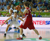 Teemu Rannikko (no.15) of Finland (L) playing defense on Dmitry Khvostov (no.13) of Russia (R) during FIBA European basketball championships 2013 match between Finland and Russia. Match between Finland and Russia was played on Sunday, 8th of September 2013 in Bonifika arena in Koper, Slovenia.
