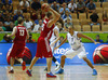 Shawn Huff (no.7) of Finland (R) playing defense on Anton Ponkrashov (no.15) of Russia (L) during FIBA European basketball championships 2013 match between Finland and Russia. Match between Finland and Russia was played on Sunday, 8th of September 2013 in Bonifika arena in Koper, Slovenia.
