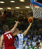 Gerald Lee (no.8) of Finland (R) shooting next to Alexey Savrasenko (no.14) of Russia (L) during FIBA European basketball championships 2013 match between Finland and Russia. Match between Finland and Russia was played on Sunday, 8th of September 2013 in Bonifika arena in Koper, Slovenia.

