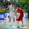 Petteri Koponen (no.11) of Finland (L) and Vitaliy Fridzon (no.7) of Russia (R) during FIBA European basketball championships 2013 match between Finland and Russia. Match between Finland and Russia was played on Sunday, 8th of September 2013 in Bonifika arena in Koper, Slovenia.
