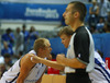 Teemu Rannikko (no.15) of Finland (R) giving instructions from the bench to Sasu Salin (no.9) of Finland (L) during FIBA European basketball championships 2013 match between Finland and Russia. Match between Finland and Russia was played on Sunday, 8th of September 2013 in Bonifika arena in Koper, Slovenia.
