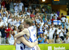 Hanno Mottola (no.13) of Finland (L) and Teemu Rannikko (no.15) of Finland (R) celebrate their victory after end of the FIBA European basketball championships 2013 match between Finland and Russia. Match between Finland and Russia was played on Sunday, 8th of September 2013 in Bonifika arena in Koper, Slovenia.
