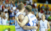 Hanno Mottola (no.13) of Finland (L) and Teemu Rannikko (no.15) of Finland (R) celebrate their victory after end of the FIBA European basketball championships 2013 match between Finland and Russia. Match between Finland and Russia was played on Sunday, 8th of September 2013 in Bonifika arena in Koper, Slovenia.
