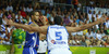 Gerald Lee (no.8) of Finland (L) and Yannis Bourousis (no.5) of Greece (R) during FIBA European basketball championships 2013 match between Finland and Greece. Match between Finland and Greece was played on Monday, 9th of September 2013 in Bonifika arena in Koper, Slovenia.
