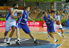 Petteri Koponen (no.11) of Finland (R) attacking while Antti Nikkila (no.5) of Finland (M) trying to block Yannis Bourousis (no.5) of Greece (L) during FIBA European basketball championships 2013 match between Finland and Greece. Match between Finland and Greece was played on Monday, 9th of September 2013 in Bonifika arena in Koper, Slovenia.
