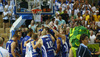 Finnish players celebrate their victory in front of their fans after end of the FIBA European basketball championships 2013 match between Finland and Greece. Match between Finland and Greece was played on Monday, 9th of September 2013 in Bonifika arena in Koper, Slovenia.
