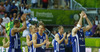 Petteri Koponen (no.11) of Finland (M) with his teammates Gerald Lee (no.8) of Finland (L) and Antti Nikkila (no.5) of Finland (R) celebrate victory after end of the FIBA European basketball championships 2013 match between Finland and Greece. Match between Finland and Greece was played on Monday, 9th of September 2013 in Bonifika arena in Koper, Slovenia.
