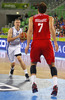 Teemu Rannikko (no.15) of Finland (L) and Bojan Bogdanovic (no.7) of Croatia (R) during FIBA European basketball championships 2013 match of second round between Finland and Croatia. Match between Finland and Croatia was played on Thursday, 12th of September 2013 in Stozice arena in Ljubljana, Slovenia.
