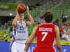 Teemu Rannikko (no.15) of Finland (L) shooting over Bojan Bogdanovic (no.7) of Croatia (R) during FIBA European basketball championships 2013 match of second round between Finland and Croatia. Match between Finland and Croatia was played on Thursday, 12th of September 2013 in Stozice arena in Ljubljana, Slovenia.
