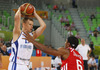 Teemu Rannikko (no.15) of Finland (L) and Dontaye Draper (no.6) of Croatia (R) during FIBA European basketball championships 2013 match of second round between Finland and Croatia. Match between Finland and Croatia was played on Thursday, 12th of September 2013 in Stozice arena in Ljubljana, Slovenia.
