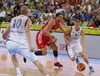 Sasu Salin (no.9) of Finland (R) and Bojan Bogdanovic (no.7) of Croatia (L) during FIBA European basketball championships 2013 match of second round between Finland and Croatia. Match between Finland and Croatia was played on Thursday, 12th of September 2013 in Stozice arena in Ljubljana, Slovenia.

