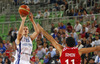 Teemu Rannikko (no.15) of Finland (L) shooting over Krunoslav Simon (no.11) of Croatia (R) during FIBA European basketball championships 2013 match of second round between Finland and Croatia. Match between Finland and Croatia was played on Thursday, 12th of September 2013 in Stozice arena in Ljubljana, Slovenia.
