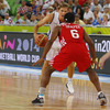 Petteri Koponen (no.11) of Finland (L) and Dontaye Draper (no.6) of Croatia (R) during FIBA European basketball championships 2013 match of second round between Finland and Croatia. Match between Finland and Croatia was played on Thursday, 12th of September 2013 in Stozice arena in Ljubljana, Slovenia.
