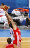 Gerald Lee (no.8) of Finland (L) and Luksa Andric (no.5) of Croatia (R) jumping for rebound ball during FIBA European basketball championships 2013 match of second round between Finland and Croatia. Match between Finland and Croatia was played on Thursday, 12th of September 2013 in Stozice arena in Ljubljana, Slovenia.
