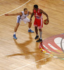 Sasu Salin (no.9) of Finland (L) playing defense on Dontaye Draper (no.6) of Croatia (R) during FIBA European basketball championships 2013 match of second round between Finland and Croatia. Match between Finland and Croatia was played on Thursday, 12th of September 2013 in Stozice arena in Ljubljana, Slovenia.
