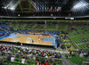 View from top of the arena to Shawn Huff (no.7) of Finland shooting during FIBA European basketball championships 2013 match of second round between Finland and Croatia. Match between Finland and Croatia was played on Thursday, 12th of September 2013 in Stozice arena in Ljubljana, Slovenia.
