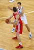 Samuel Haanpaa (no.12) of Finland (R) playing defense on Dario Saric (no.8) of Croatia (L) during FIBA European basketball championships 2013 match of second round between Finland and Croatia. Match between Finland and Croatia was played on Thursday, 12th of September 2013 in Stozice arena in Ljubljana, Slovenia.
