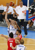 Antti Nikkila (no.5) of Finland shooting during FIBA European basketball championships 2013 match of second round between Finland and Croatia. Match between Finland and Croatia was played on Thursday, 12th of September 2013 in Stozice arena in Ljubljana, Slovenia.
