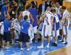 Players of Finland gathered around head coach of Finnish team, Henrik Dettmann (M) during one of timeouts during FIBA European basketball championships 2013 match of second round between Finland and Croatia. Match between Finland and Croatia was played on Thursday, 12th of September 2013 in Stozice arena in Ljubljana, Slovenia.
