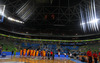 Finnish and Spanish players greeting each other before start of the FIBA European basketball championships 2013 match of second round between Finland and Spain. Match between Finland and Spain was played on Saturday, 14th of September 2013 in Stozice arena in Ljubljana, Slovenia.
