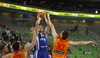Tuukka Kotti (no.10) of Finland (M) shooting over Marc Gasol (no.13) of Spain (L) and Victor Claver (no.10) of Spain (R) during FIBA European basketball championships 2013 match of second round between Finland and Spain. Match between Finland and Spain was played on Saturday, 14th of September 2013 in Stozice arena in Ljubljana, Slovenia.
