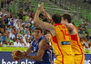 Samuel Haanpaa (no.12) of Finland (L) attacking next to German Gabriel (no.14) of Spain (M) and Marc Gasol (no.13) of Spain (R) during FIBA European basketball championships 2013 match of second round between Finland and Spain. Match between Finland and Spain was played on Saturday, 14th of September 2013 in Stozice arena in Ljubljana, Slovenia.

