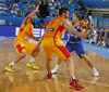Petteri Koponen (no.11) of Finland (R) between Jose Calderon (no.8) of Spain (L) and Fernando San Emeterio (no.11) of Spain (M) during FIBA European basketball championships 2013 match of second round between Finland and Spain. Match between Finland and Spain was played on Saturday, 14th of September 2013 in Stozice arena in Ljubljana, Slovenia.
