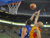 Gerald Lee (no.8) of Finland (L) and Xavier Rey (no.7) of Spain (R) jumping for rebound ball during FIBA European basketball championships 2013 match of second round between Finland and Spain. Match between Finland and Spain was played on Saturday, 14th of September 2013 in Stozice arena in Ljubljana, Slovenia.
