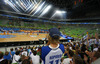 Finnish fans cheering for their team during FIBA European basketball championships 2013 match of second round between Finland and Spain. Match between Finland and Spain was played on Saturday, 14th of September 2013 in Stozice arena in Ljubljana, Slovenia.
