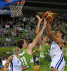 Gerald Lee (no.8) of Finland (R) attacking against Mirza Begic (no.15) of Slovenia (M) and Goran Dragic (no.11) of Slovenia (L) during FIBA European basketball championships 2013 match of second round between Finland and Slovenia. Match between Finland and Slovenia was played on Monday, 16th of September 2013 in Stozice arena in Ljubljana, Slovenia.
