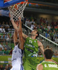 Gerald Lee (no.8) of Finland (L) and Mirza Begic (no.15) of Slovenia (R) jumping for rebound ball during FIBA European basketball championships 2013 match of second round between Finland and Slovenia. Match between Finland and Slovenia was played on Monday, 16th of September 2013 in Stozice arena in Ljubljana, Slovenia.
