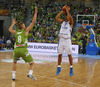 Shawn Huff (no.7) of Finland shooting over Edo Muric (no.8) of Slovenia during FIBA European basketball championships 2013 match of second round between Finland and Slovenia. Match between Finland and Slovenia was played on Monday, 16th of September 2013 in Stozice arena in Ljubljana, Slovenia.
