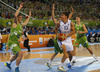 Samuel Haanpaa (no.12) of Finland (R) against Gasper Vidmar (no.14) of Slovenia (L) during FIBA European basketball championships 2013 match of second round between Finland and Slovenia. Match between Finland and Slovenia was played on Monday, 16th of September 2013 in Stozice arena in Ljubljana, Slovenia.
