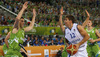 Samuel Haanpaa (no.12) of Finland (R) against Gasper Vidmar (no.14) of Slovenia (L) during FIBA European basketball championships 2013 match of second round between Finland and Slovenia. Match between Finland and Slovenia was played on Monday, 16th of September 2013 in Stozice arena in Ljubljana, Slovenia.
