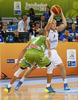 Sasu Salin (no.9) of Finland (R) and Nebojsa Joksimovic (no.7) of Slovenia (L) during FIBA European basketball championships 2013 match of second round between Finland and Slovenia. Match between Finland and Slovenia was played on Monday, 16th of September 2013 in Stozice arena in Ljubljana, Slovenia.
