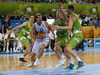Petteri Koponen (no.11) of Finland (M) attacking between Domen Lorbek (no.13) of Slovenia (L), Jaka Blazic (no.9) of Slovenia and Uros Slokar (no.4) of Slovenia (R) during FIBA European basketball championships 2013 match of second round between Finland and Slovenia. Match between Finland and Slovenia was played on Monday, 16th of September 2013 in Stozice arena in Ljubljana, Slovenia.
