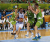Petteri Koponen (no.11) of Finland (M) attacking between Domen Lorbek (no.13) of Slovenia (L), Jaka Blazic (no.9) of Slovenia and Uros Slokar (no.4) of Slovenia (R) during FIBA European basketball championships 2013 match of second round between Finland and Slovenia. Match between Finland and Slovenia was played on Monday, 16th of September 2013 in Stozice arena in Ljubljana, Slovenia.
