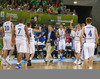 Finnish players are happy with result after end of first halftime during FIBA European basketball championships 2013 match of second round between Finland and Slovenia. Match between Finland and Slovenia was played on Monday, 16th of September 2013 in Stozice arena in Ljubljana, Slovenia.
